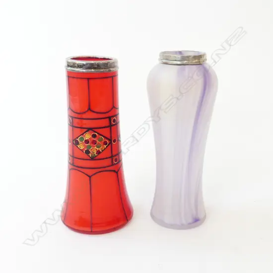 2 SILVER EDGED ART GLASS VASES’ H160MM