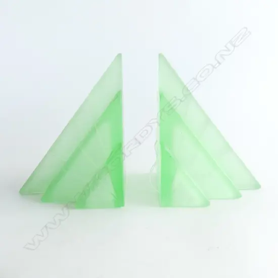 PAIR OF GREEN  DEPRESSION GLASS TRIANGULAR BOOKENDS WITH SATIN FINISH . 100X100X140mm (each)
