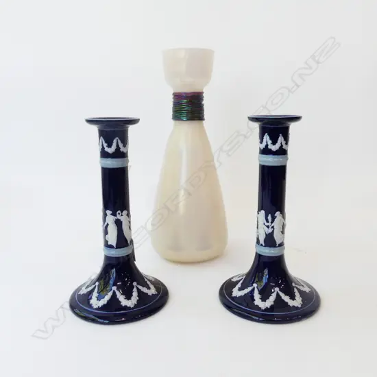 PR COPELAND CANDLESTICKS H.230mm + LUSTRE GLASS VASE H.315mm