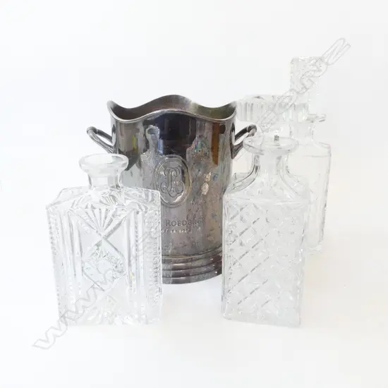 3 CUT CRYSTAL WHISKEY DECANTERS [ONE STOPPER ABSENT] + LOUIS ROEDERER ICE BUCKET [2008]