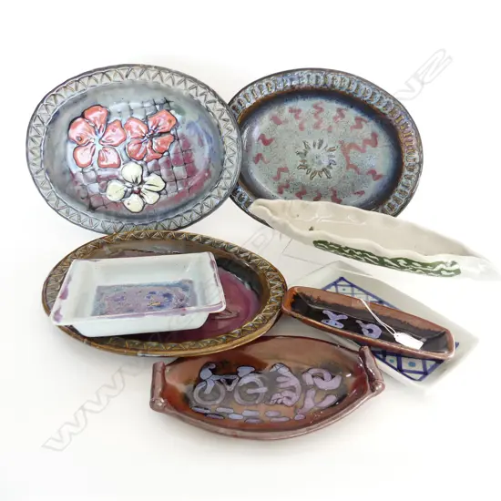 8 POTTERY PLATTERS & DISHES BY ENNIS OLIVER, signed