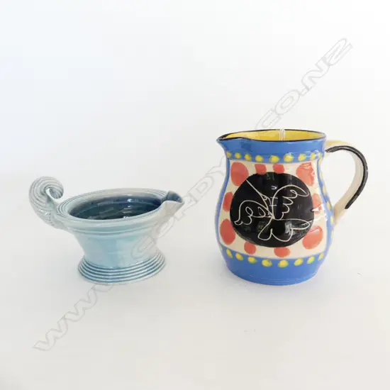 2 POTTERY JUGS: JEFF SCHOLES BRIGHTLY COLOURED & 1 OTHER