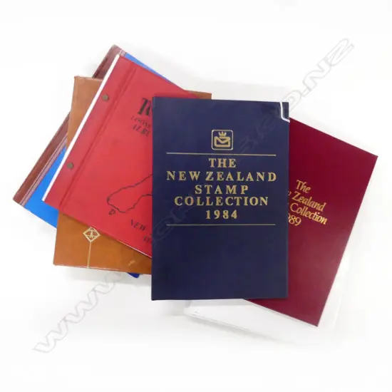 4 ASST. STAMP ALBUMS + 2 NZ STAMP COLLECTIONS '84 & '89 + FRAMED NZ FILM STAMPS