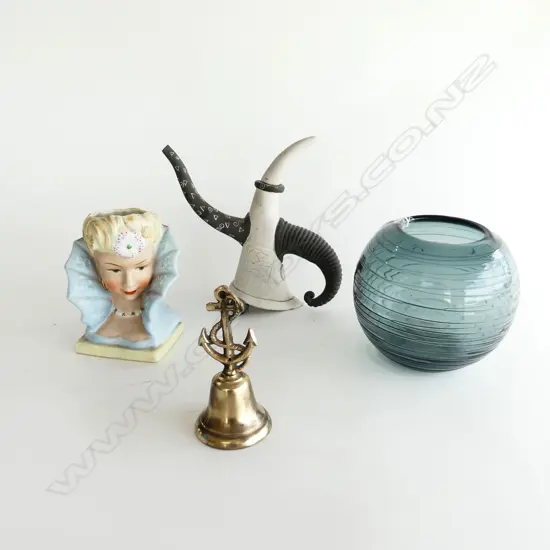 4 PCS, VINTAGE SHIPS' BRASS BELL, ART DECO FEMME BUST PEN HOLDER, ART GLASS VASE & FIONA TUNNICLIFFE TEAPOT. H.200mm