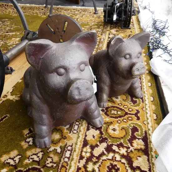 PR GRADUATED SITTING PIG IRONSTONE  SCULPTURES rich dark matt glaze some damage to smaller Tallest 320mm