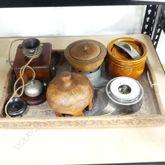 INDIAN CARVED WOODEN TRAY L.450mm w ASST. VINTAGE ITEMS, INCL. EARLY WALL TELEPHONE & 2 HAND TURNED WOODEN BOXES
