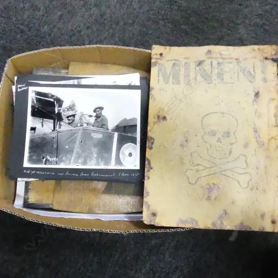 BOX ASST. POSTCARDS, 19thC LETTERS, WWII PHOTOS: ADMIRAL HEFFERNAN, ALLAN BENNISON, 3 GERMAN SIGNS ETC