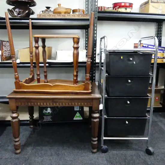 3 WOODEN SIDE TABLES - FAULTS + 4 DRAWER TROLLEY