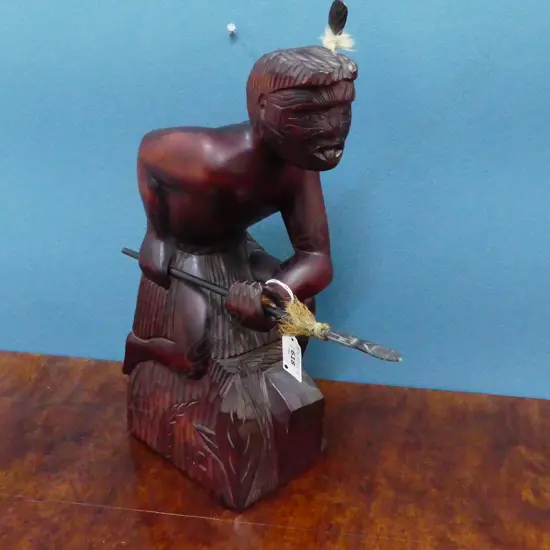 MID CENTURY CARVED MAORI WARRIOR [OLD REPAIR TO SPEAR] H360MM