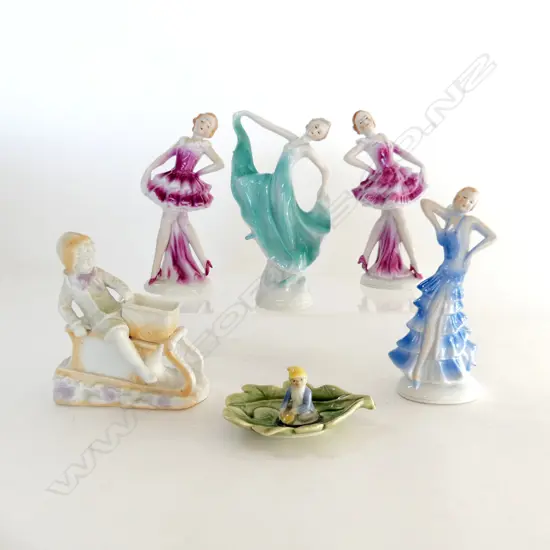 5 VINTAGE FIGURINES + SHAMROCK POTTERY ELF IN LEAF DISH