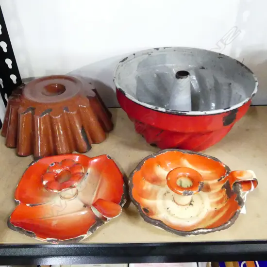 TWO ART NOUVEAU ENAMEL CANDLE HOLDERS & TWO CAKE MOULDS RD.NO.472030