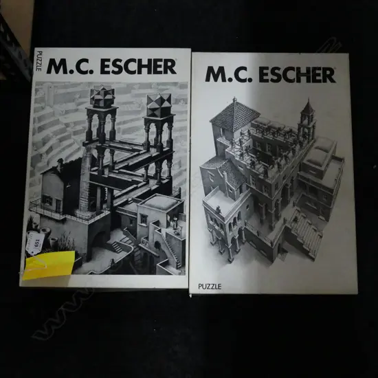 TWO VINTAGE 1000PC DESIGN JIGSAW PUZZLES – M.C. ESCHER MADE IN HOLLAND FOR SELEGIOCHI MILANO L.40CM