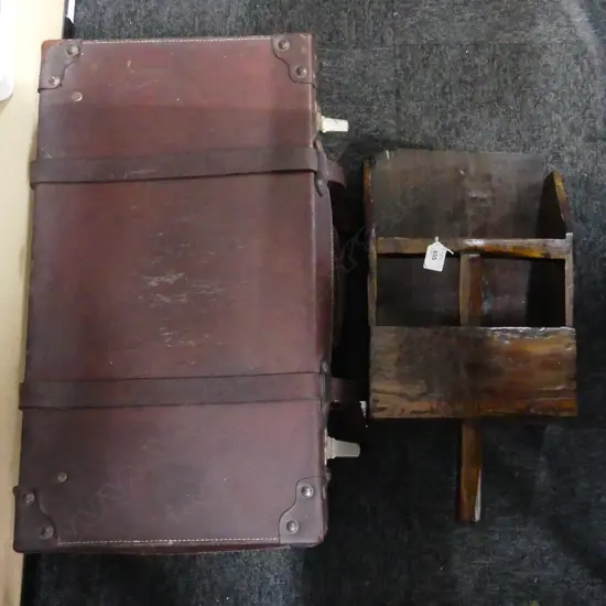 LARGE OLD WOODEN GRAIN SCOOP. 280x140x530mm & OLD LEATHER SUITCASE