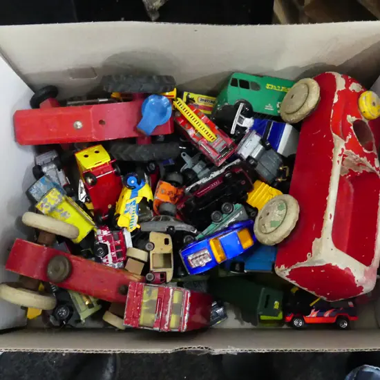 BOX ASST. MATCHBOX CARS + 3 VINTAGE TENKO WOODEN TOYS