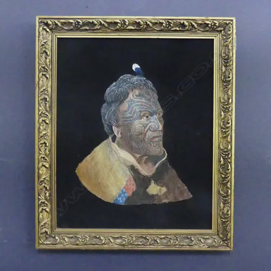 PORTRAIT OF MAORI MAN, ACRYLIC ON BLACK FABRIC ON BOARD 420x340mm