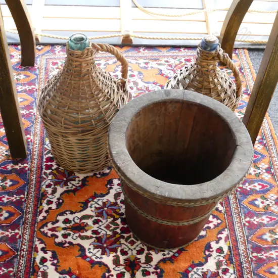 WOODEN BUCKET H.300mm + 2 CANE WRAPPED BOTTLES