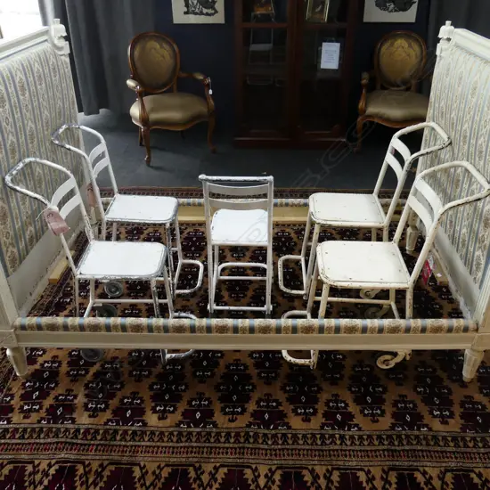4 VINTAGE FRENCH WHITE PAINTED METAL HOSPITAL CHAIRS