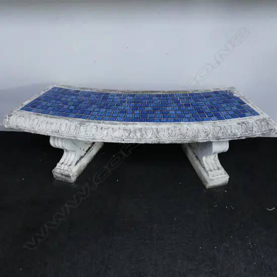 CONCRETE GARDEN SEAT w. INSET BLUE TILES W.1520mm