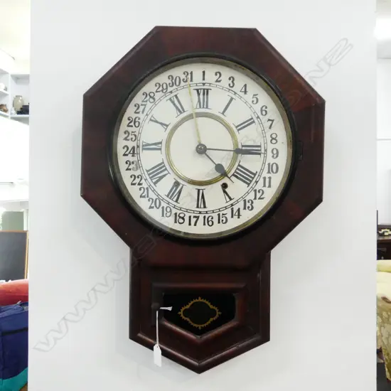 LATE 19THC DROP PENDULUM WALL CLOCK AMERICAN w day of month calender