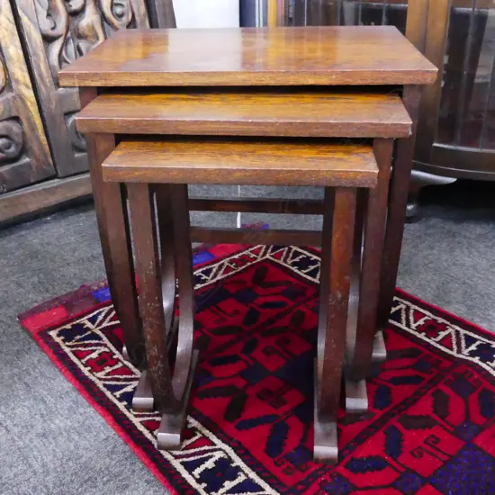 NEST OF THREE OAK ART DECO SIDE TABLES H 490 MM