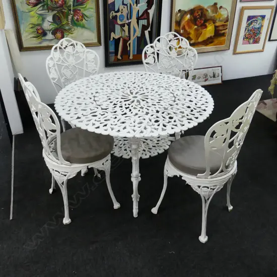 5 PCE WHITE PAINTED METAL PATIO SET; 4 CHAIRS + TABLE 995mm dia