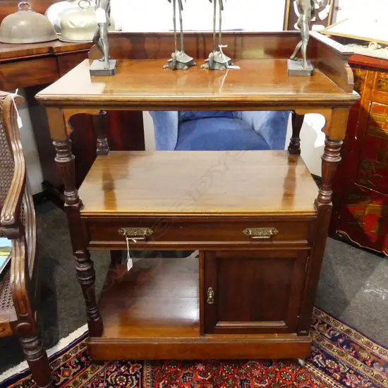 OLD MAHOGANY DUMB WAITER TURNED SUPPORTS SINGLE DRAWER & CUPBOARD. 740x450x950mm