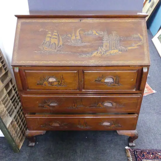 CHINESE CARVED DROP FRONT DESK 915x430x1065mm