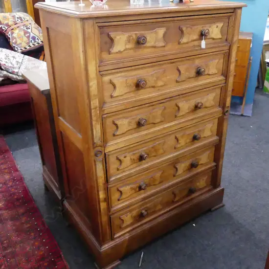 QUALITY FIGURED WOOD PANELED SIX DRAWER TALLBOY . 930 x 485 x 1280mm