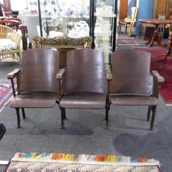 THREE COJOINED 1920s PLYWOOD CINEMA SEATS 