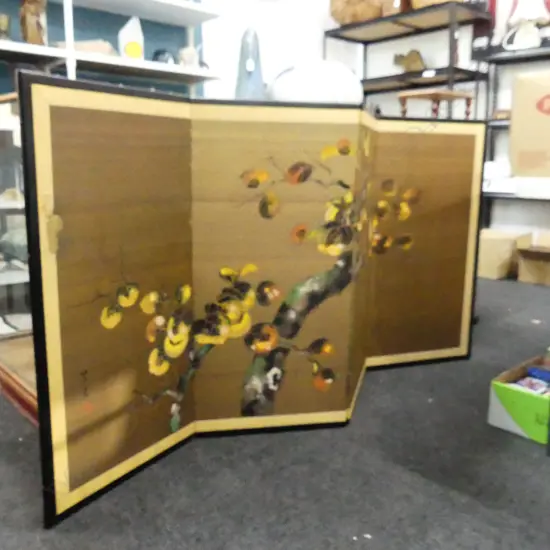 FOUR PANEL JAPANESE SCREEN DECORATED WITH CHERRY BLOSSOM ON BRANCHES.1800x 920mm