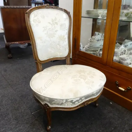 SMALL FRENCH WALNUT BEDROOM CHAIR CREAM BROCADE