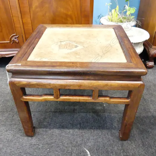 ORIENTAL HARDWOOD SIDE TABLE - TOP WORN 555x555x460mm