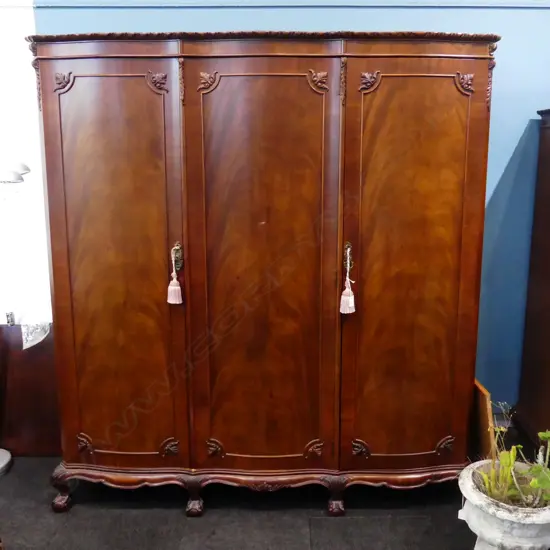 3 DOOR SERPENTINE FRONT WALNUT WARDROBE H1880MM W1650MM D610MM