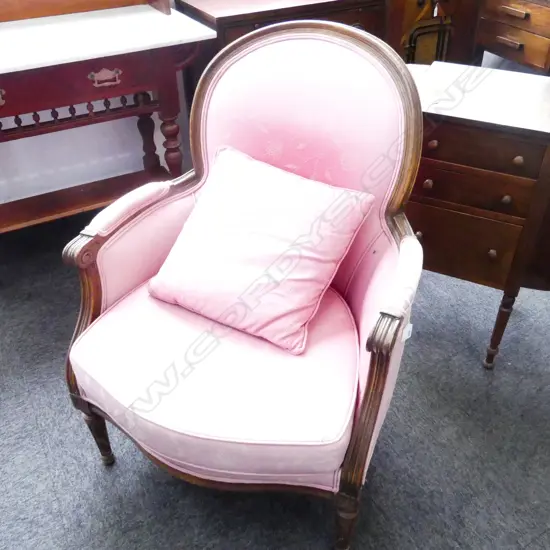  FRENCH STYLE BERGERE CHAIR - FADED RED UPHOLSTERY
