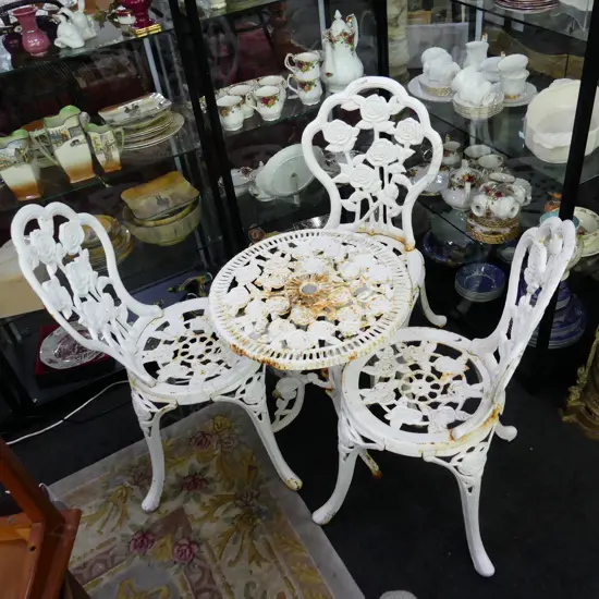 4 PCE ENDERSLEA WHITE PAINTED METAL PATIO SET; TABLE & 3 CHAIRS