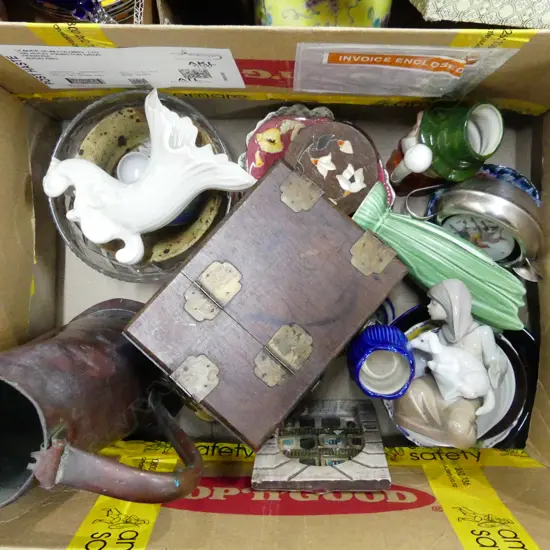 BOX LOT ASST. CERAMICS, ASIAN WOODEN JEWELLERY BOX, LG COPPER JUG ETC