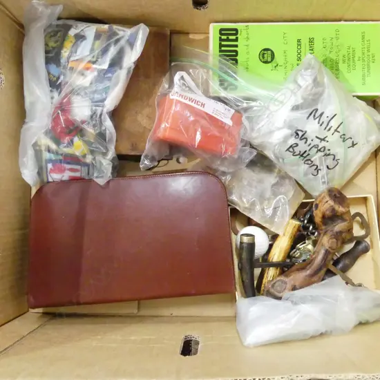 BOX LOT MILITARY BUTTONS, BOTTLE OPENERS, SCOUT BADGES ETC