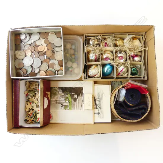 BOX ASST. EPHEMERA, NZ COINS, MARBLES, ETC