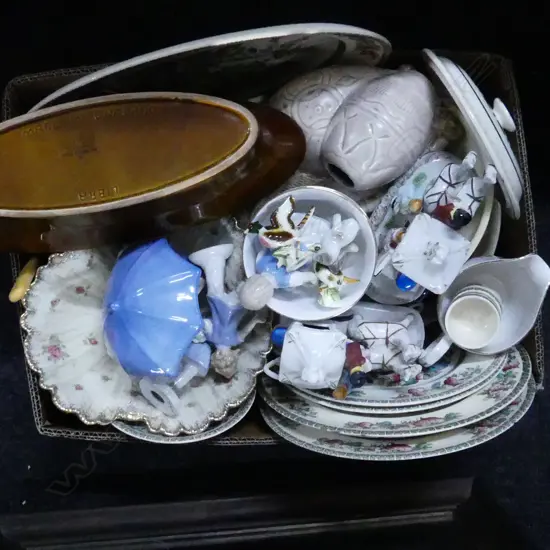 BOX LOT ASST. CHINA; JOHNSON BROS. INDIA TREE ETC, COPY LLADRO ETC