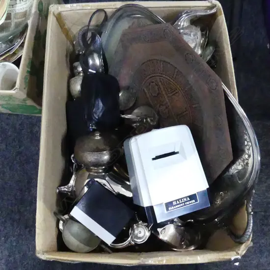 BOX LOT ASST. SILVER PLATE, ETC