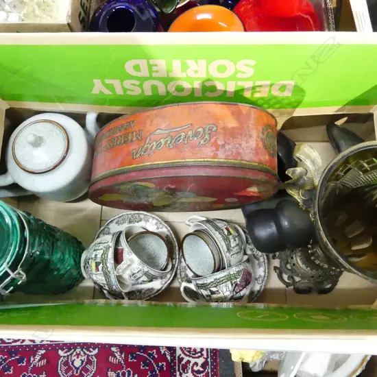 BOX LOT ASST. CHINA, TIN, LG GLASS VASE ETC