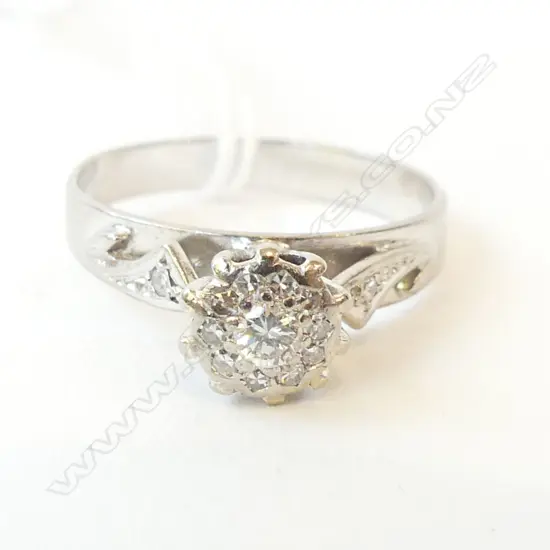 PALLADIUM & DIAMOND CLUSTER RING, 3gm diamond 0.21ct, size P