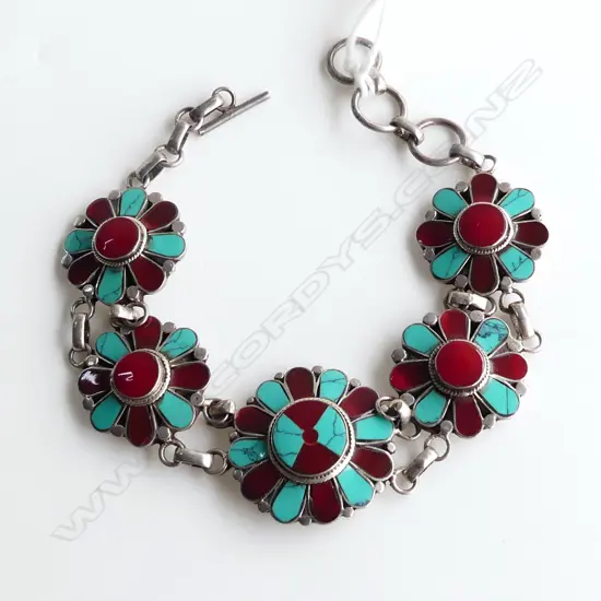 925 STANDARD SILVER, TURQUOISE, CARNELIAN FLOWER BRACELET