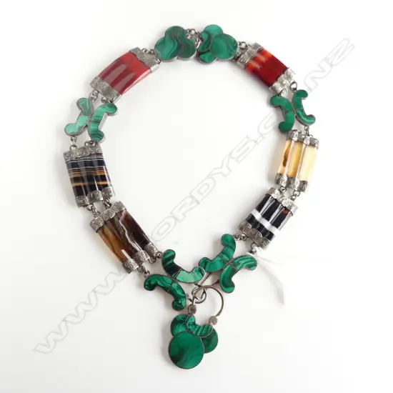 c1900 BANDED AGATE + MALACHITE CHOKER NECKLACE