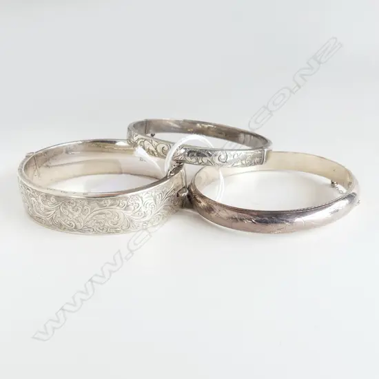 3 SILVER HALF HINGED BANGLES: 2 half engraved