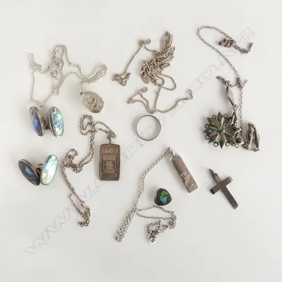 BAG SILVER VINTAGE JEWELLERY some paua + pendants etc