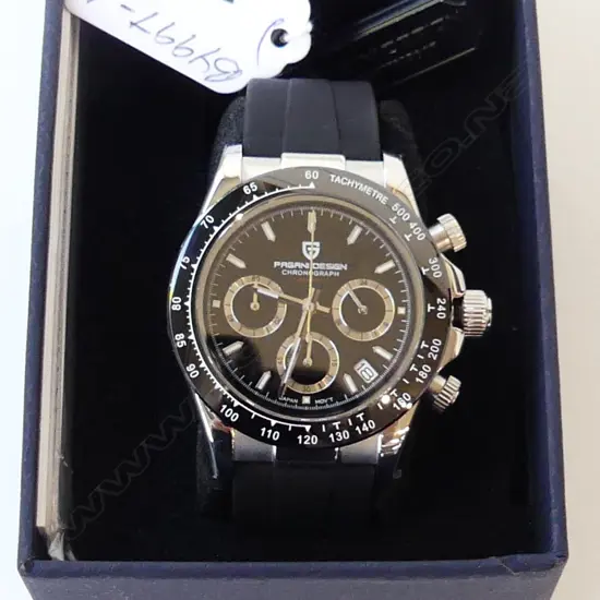 GENTS REPLICA 'PAGANI'' CHRONOGRAPH WATCH, BLACK & SILVER w BLK STRAP, BOXED