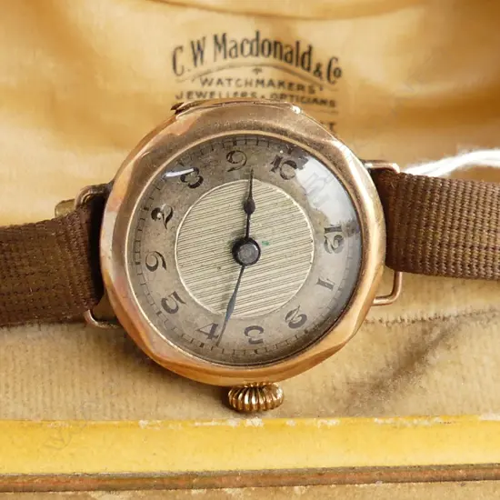 9CT ANTIQUE WRIST WATCH, BOXED