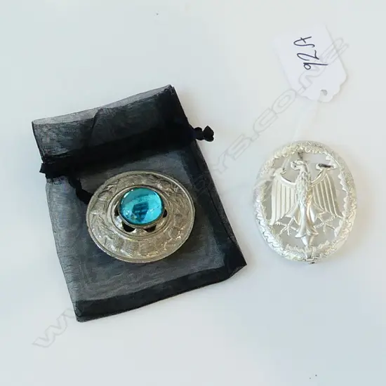 2 SILVER METAL BROOCHES; EAGLE & SCOTCH THISTLE 45mm dia