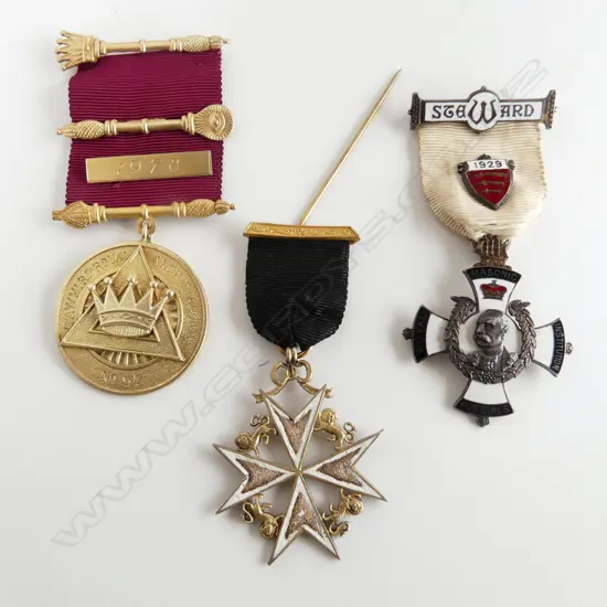 3 SILVER MASONIC JEWELS: 1 1929 Steward Royal Institute For Girls + Tawhiri Royal Arch Chapter  etc. with ribbons